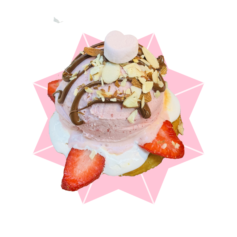 churro, strawberry ice cream, marshmallow spread, strawberries, nutella, sliced almond dessert