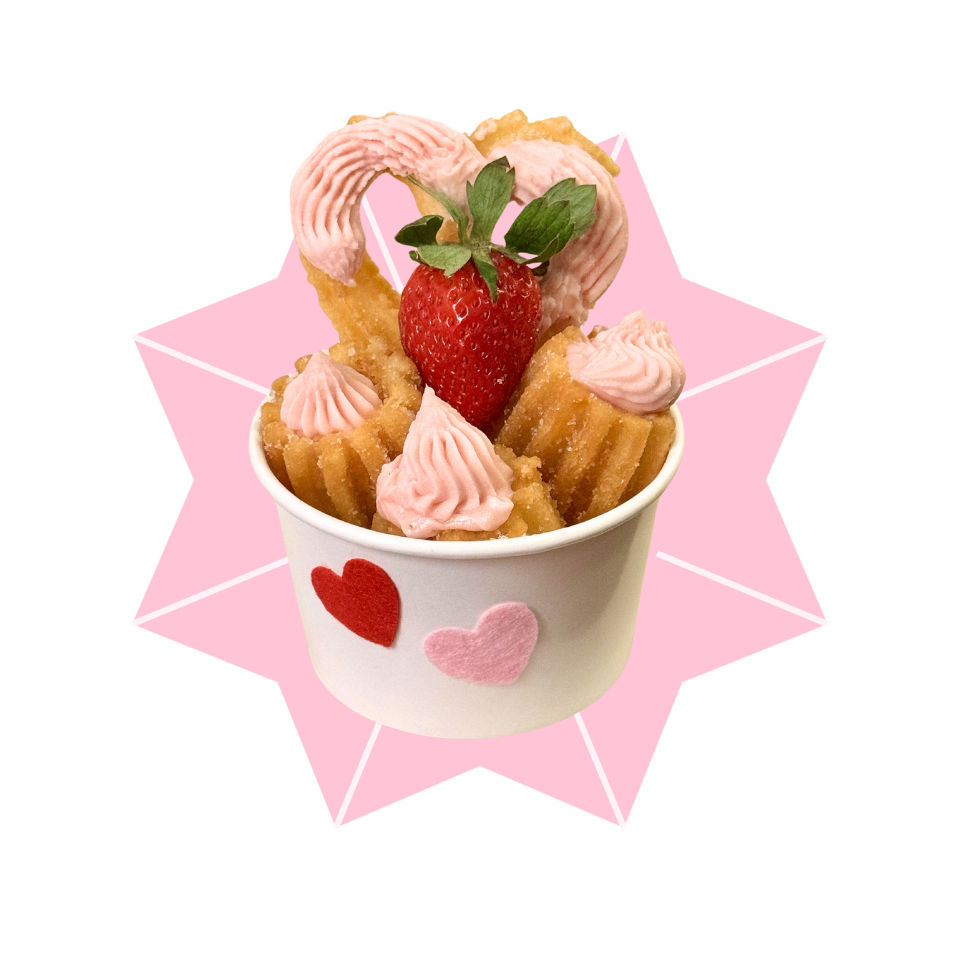 3 mini stuffed churros (strawberry cheesecake), churro heart, strawberry