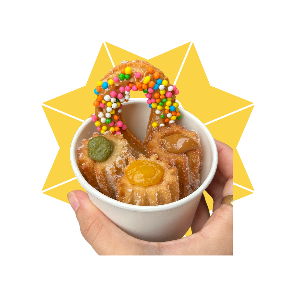 Mango Trio mango, dulce de leche & matcha mini stuffed churros, rainbow shaped churro, sprinkles dessert